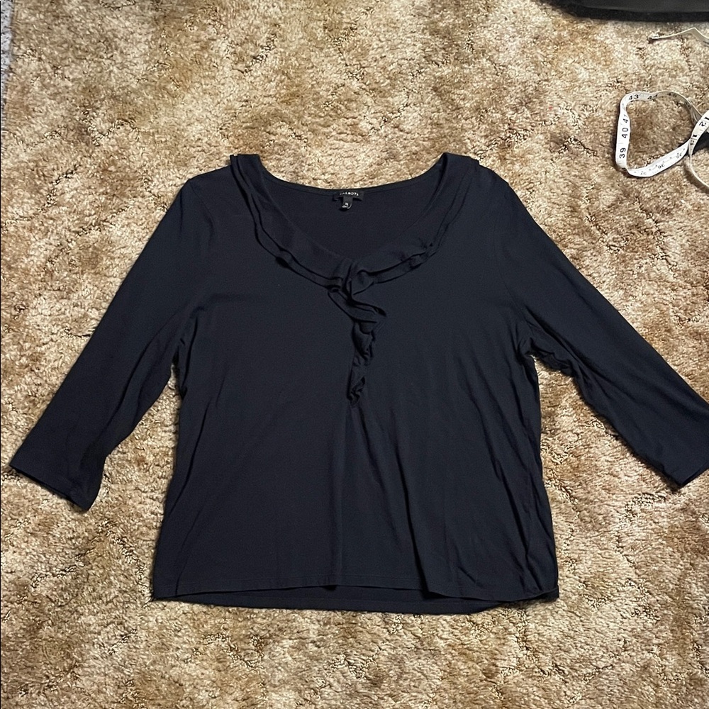 Talbots Womens Blouse XL black pullover ruffles top casual v-neck cotton